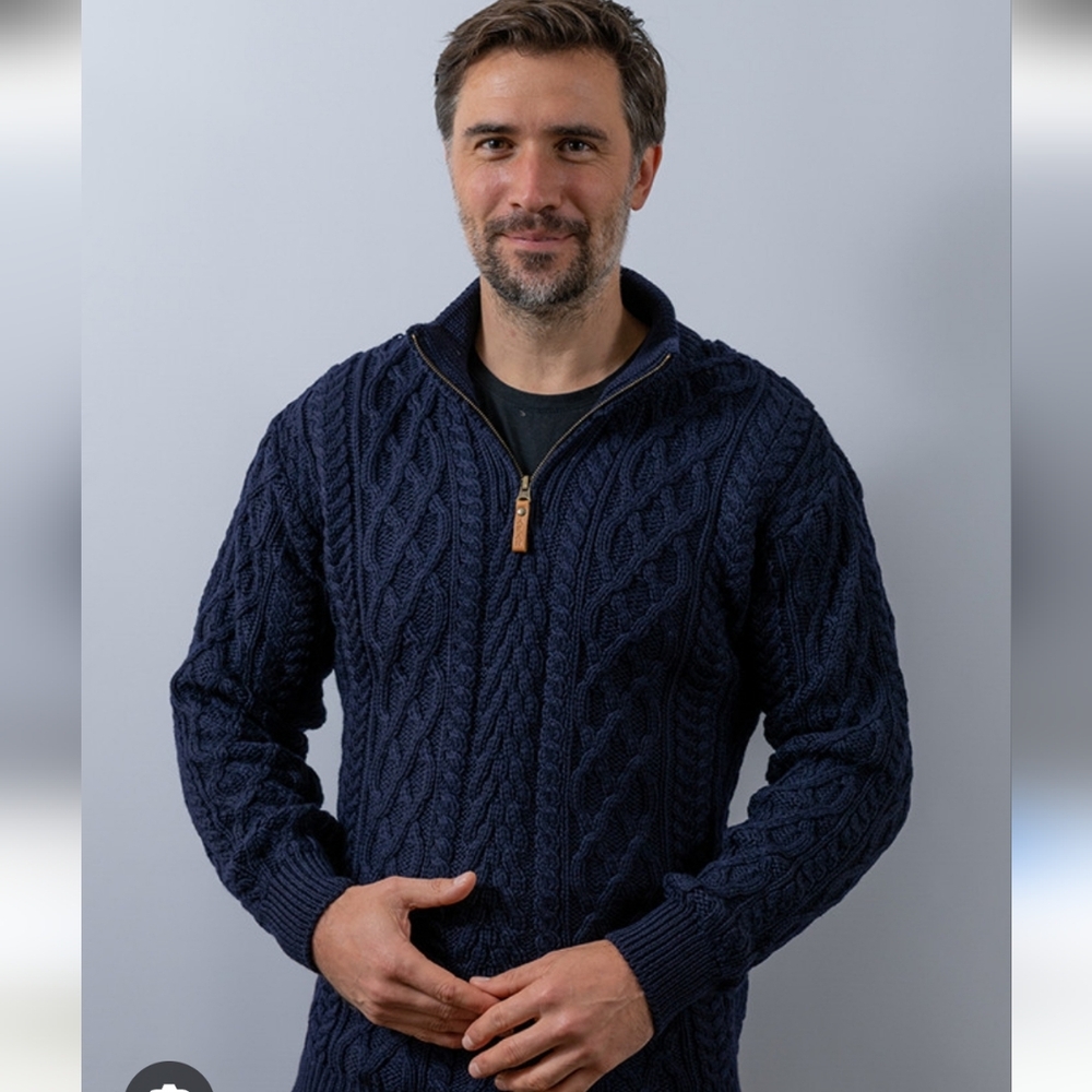 Aran Crafts Men's Atlantic blue 1/2 Zip Cable Knit Zip Sweater $189